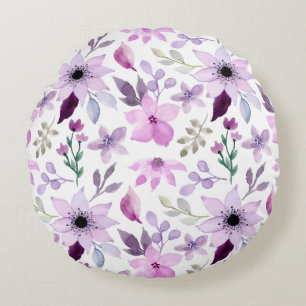 Almofada Redonda Padrão de Flor Rosa e Roxa Elegante
