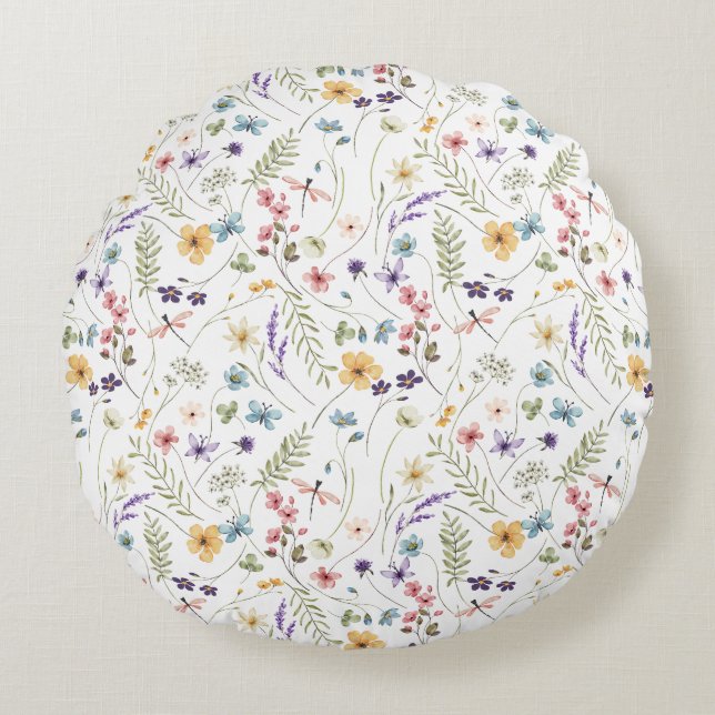 Almofada Redonda Padrão De Flor Selvagem E Borboletas (Frente)
