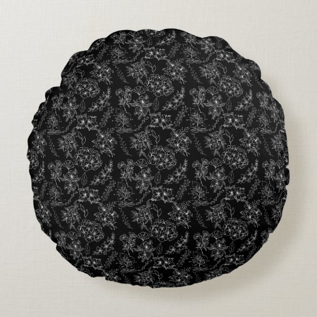 Almofada Redonda Padrão de flor simples 01b Preto BG (Frente)