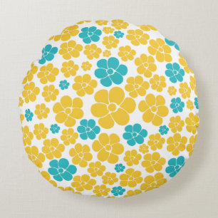 Almofada Redonda Padrão de Flor - Turquesa e Amarelo