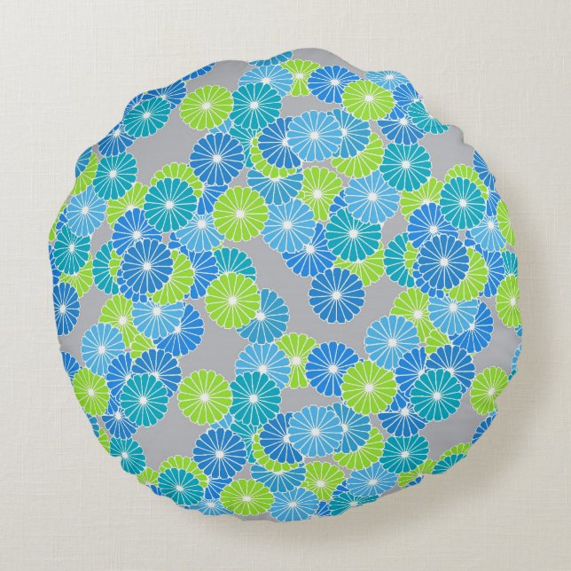 Almofada Redonda Padrão de flores de Art Deco - azul e verde limão (Verso)