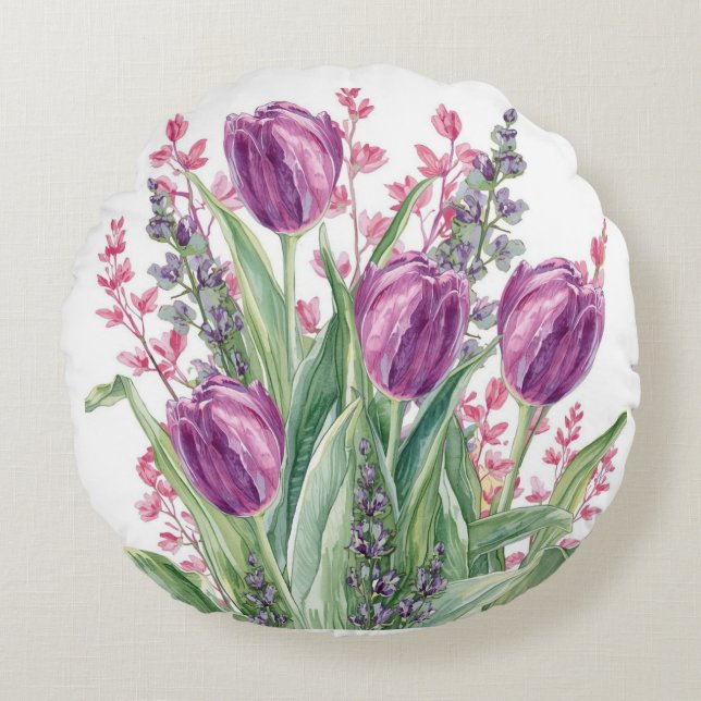 Almofada Redonda Padrão de Flores de Tulipa Elegantes, Listras Roxa (Frente)