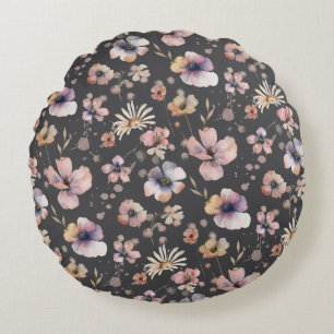 Almofada Redonda Padrão de Flores Silvestres Rosadas Aquarela Boho