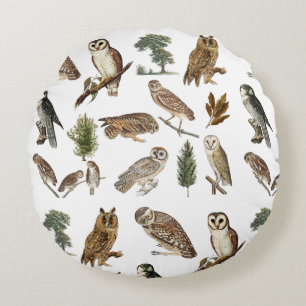 Almofada Redonda Padrão de Floresta de Aquarela de Vintage Owl