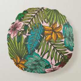 Almofada Redonda Padrão de Folhas Tropicais - Decoração Floral Boho