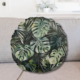 Almofada Redonda Padrão de Folhas Tropicais Verde de Aquarela