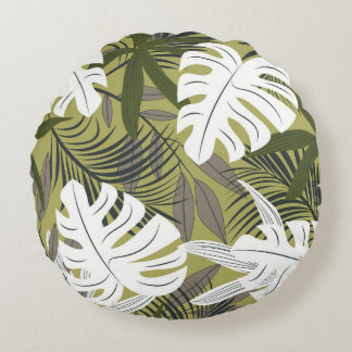 Almofada Redonda Padrão de Folhas Tropicais Vibrantes