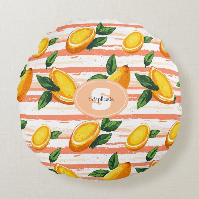 Almofada Redonda Padrão de Fruta de Mango com Folhas Verdes (Frente)
