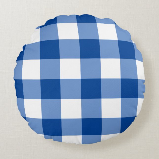 Almofada Redonda Padrão de gingham azul (Frente)