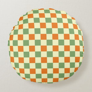 Almofada Redonda Padrão de Gingham - Laranja Verde Marrom