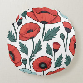 Almofada Redonda Padrão de Ilustração das Flores de Papoila Vibrant