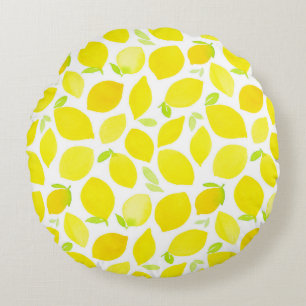 Almofada Redonda Padrão de Lemon Amarelo de Aquarela Verão