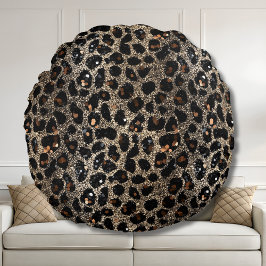 Almofada Redonda Padrão de Leopardo Dourado Preto Marrom Brilho Lux