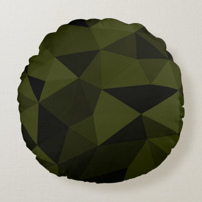 Almofada Redonda Padrão de malha geométrica preta verde exército es (Frente)