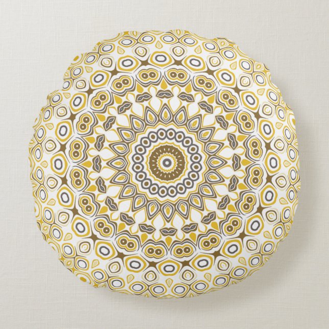 Almofada Redonda Padrão de Mandala Amarelo Dourado (Frente)