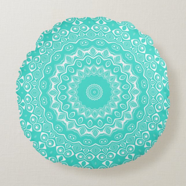 Almofada Redonda Padrão de Mandala Turquesa (Frente)