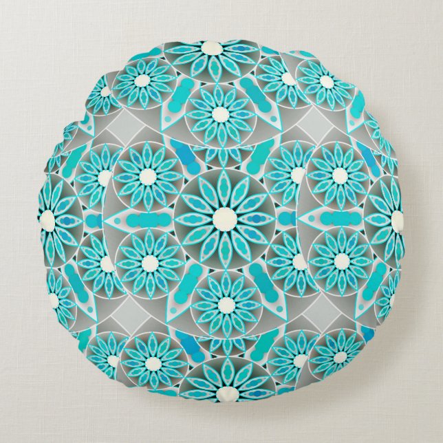 Almofada Redonda Padrão de mandala, turquesa, cinza prateado e bran (Frente)