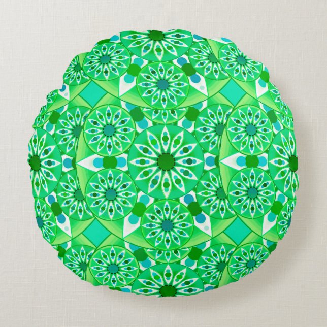 Almofada Redonda Padrão de Mandala, verde-Emerald e pavão (Frente)