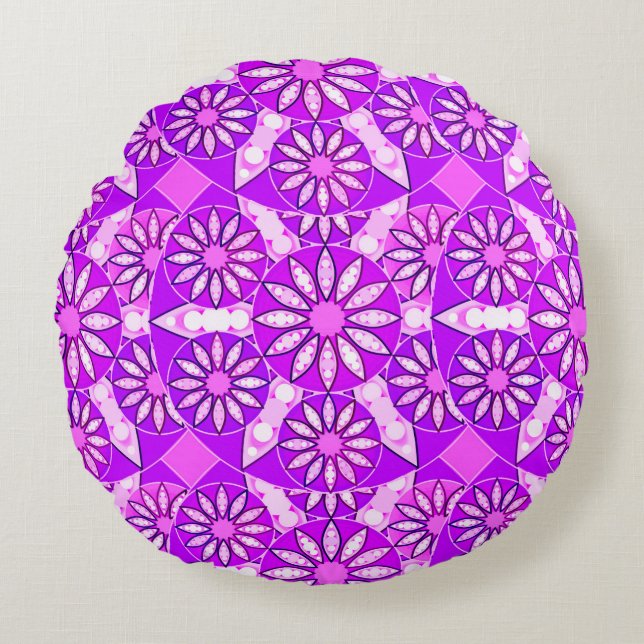 Almofada Redonda Padrão de mandala, violeta, orquídea e rosa (Frente)