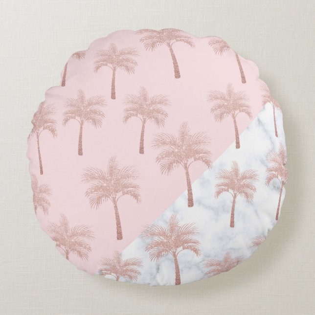 Almofada Redonda Padrão de mármore branco e brilho rosa (Frente)