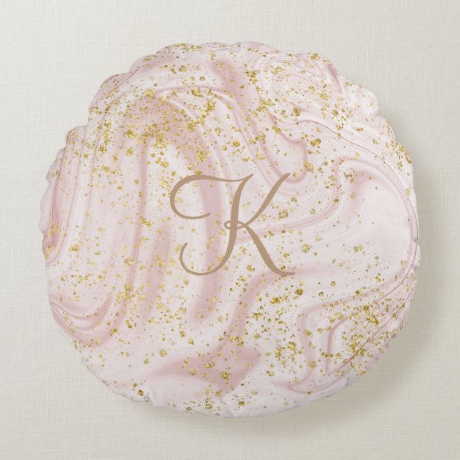 Almofada Redonda Padrão de mármore rosa e branco com brilho dourado (Frente)