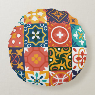 Almofada Redonda Padrão de Ornamentado de Azulejos de Vintagem Geom