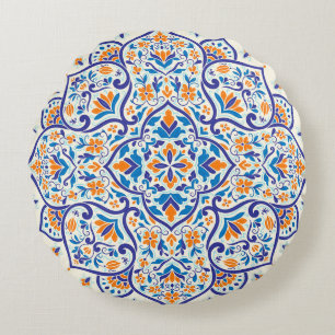 Almofada Redonda Padrão de Ornamento Azul Laranja de Luxo