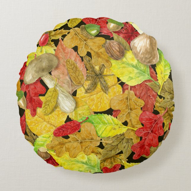 Almofada Redonda Padrão de outono da Aquarela (Frente)