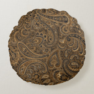 Almofada Redonda Padrão de Paisley Floral Castanho, bege e preto