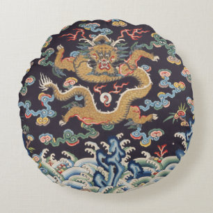 Almofada Redonda Padrão de Seda Oriental do Dragão Chinês Vintage