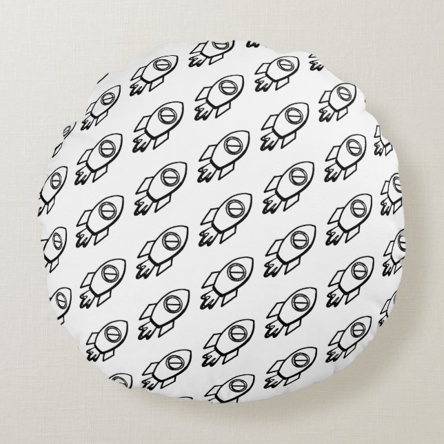 Almofada Redonda Padrão de Sketch do Foguete Voador (Frente)