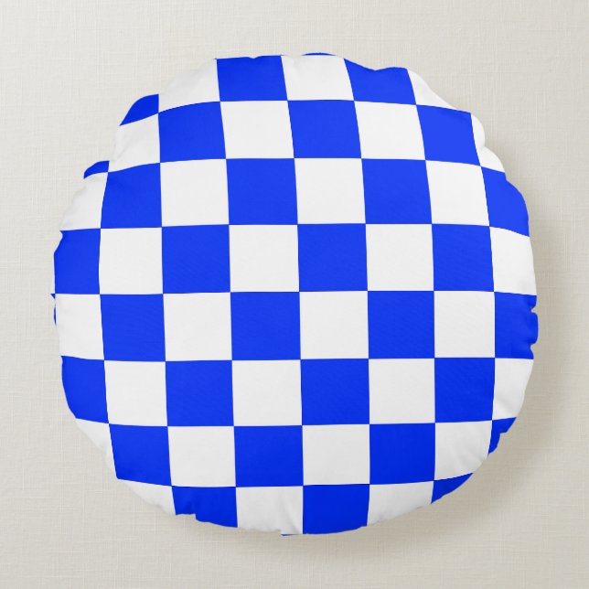 Almofada Redonda Padrão de Verificação Branco Azul (Frente)