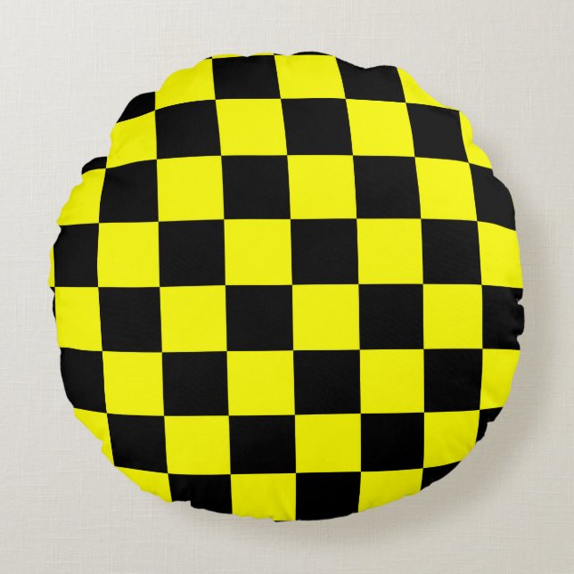 Almofada Redonda Padrão de Verificação Preto Amarelo (Frente)