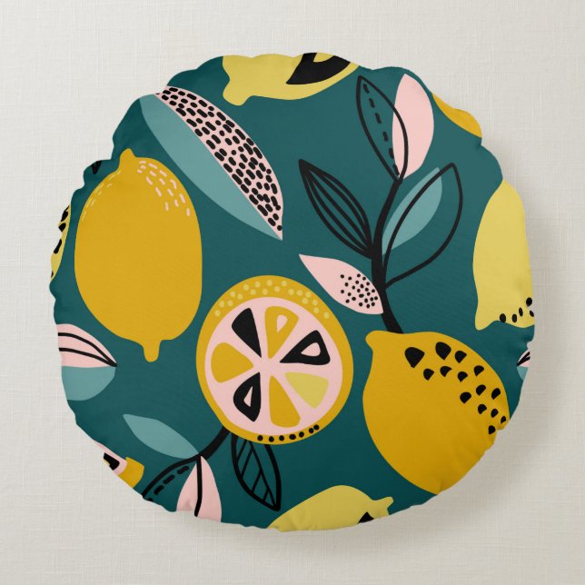 Almofada Redonda Padrão de vindima sem costura com limões amarelos, (Frente)