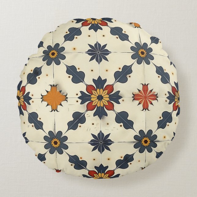 Almofada Redonda Padrão do Azulejo espanhol Vintage (Frente)