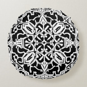Almofada Redonda Padrão do Azulejo marroquino mosaico em preto e br