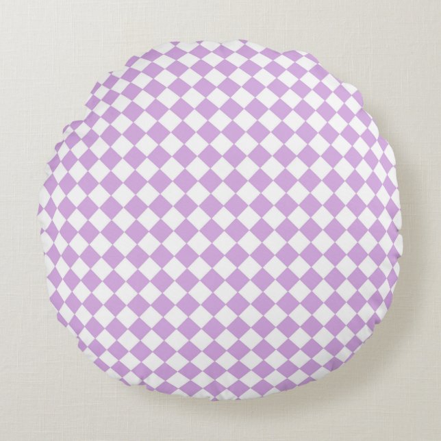 Almofada Redonda Padrão do verificador roxo e branco (Frente)