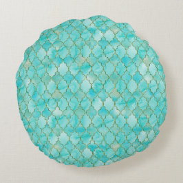 Almofada Redonda Padrão Dourado e Aqua Maroccan