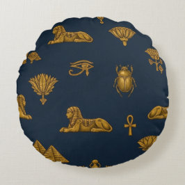 Almofada Redonda Padrão Egípcio Minimalista Azul-Marinho e Dourado