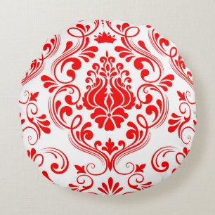 Almofada Redonda Padrão Elegante Floral do Damasco Vermelho e Branc
