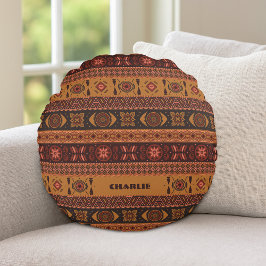 Almofada Redonda Padrão Étnico Tribal Boho de Terracota Tradicional