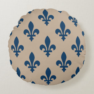 Almofada Redonda Padrão Fleur de Lis, Azul Real Francês em Creme