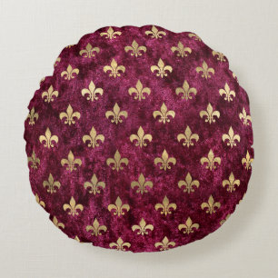Almofada Redonda Padrão Fleur De Lis Vermelho Veludo Mardi Gras Orl