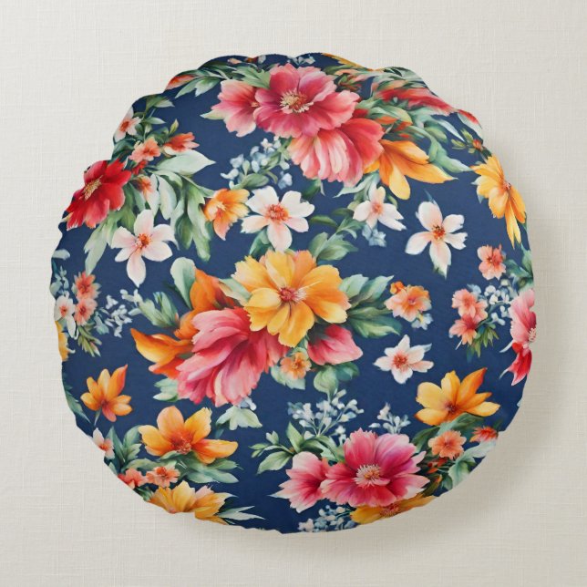 Almofada Redonda Padrão Floral Amarelo de Verão (Frente)