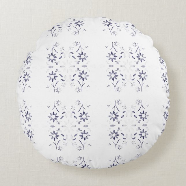 Almofada Redonda Padrão Floral Azul e Branco Desbotado (Frente)