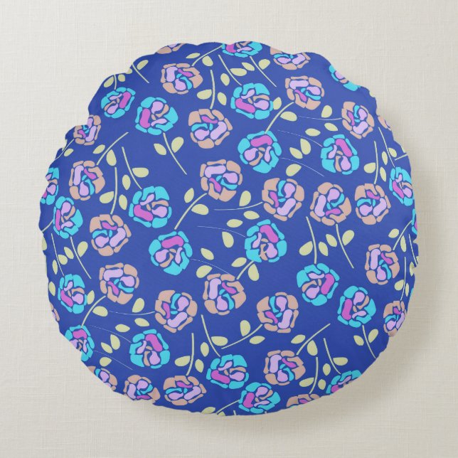 Almofada Redonda Padrão Floral Azul e Roxo (Frente)