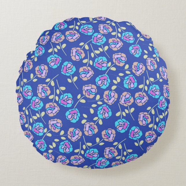 Almofada Redonda Padrão Floral Azul e Roxo (Frente)