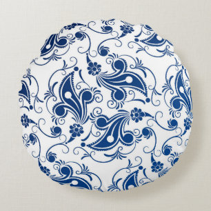 Almofada Redonda Padrão Floral Branco Ilustrado e Azul