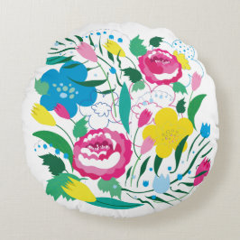 Almofada Redonda Padrão floral com buquê colorido.
