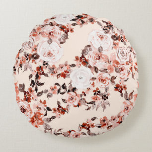 Almofada Redonda Padrão floral da vindima de aquarelas, castanho